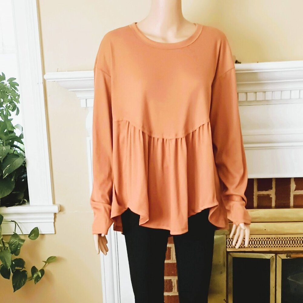 Heyson Baby Doll Ribbed Top L  Asymmetric Long Sleeve Women's Boho Tunic Stretch